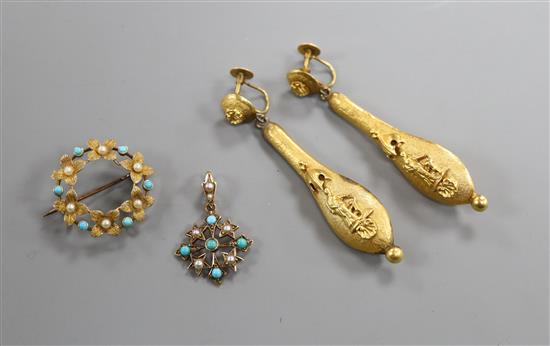 A pair of Victorian 9ct drop earrings, a 15c gem set brooch and a yellow metal and gem set pendant.